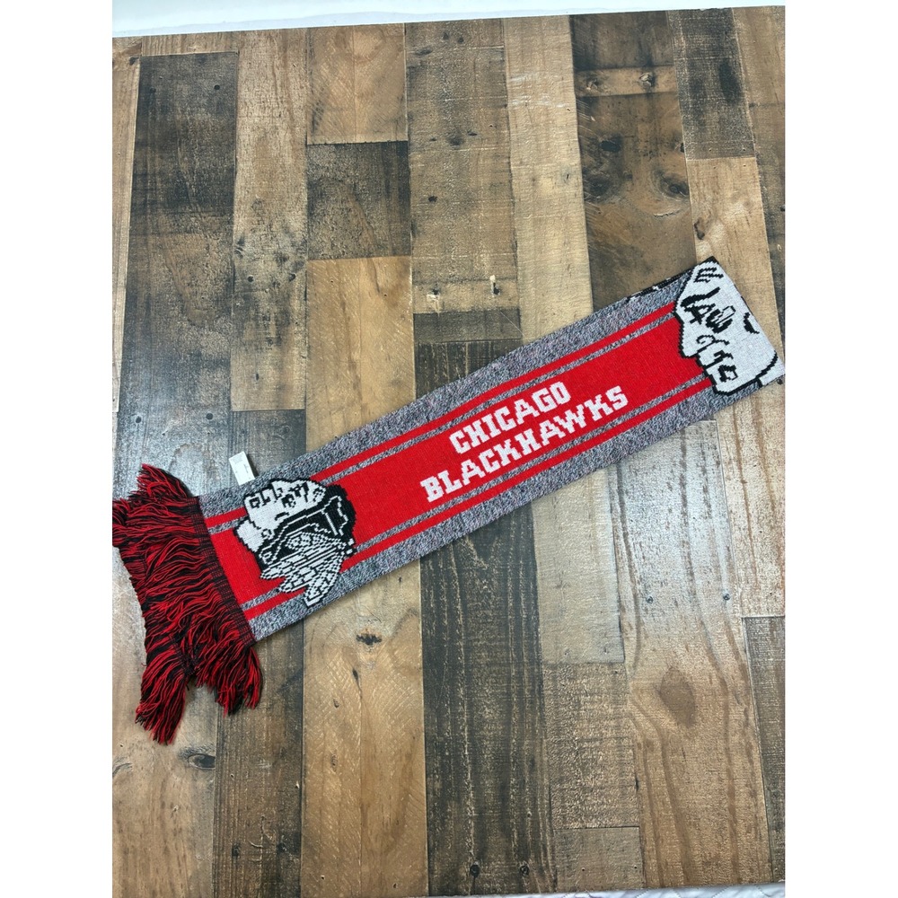 Chicago Blackhawks NHL Knit Scarf Red Grey White Team Logo Fringe Fan Gear